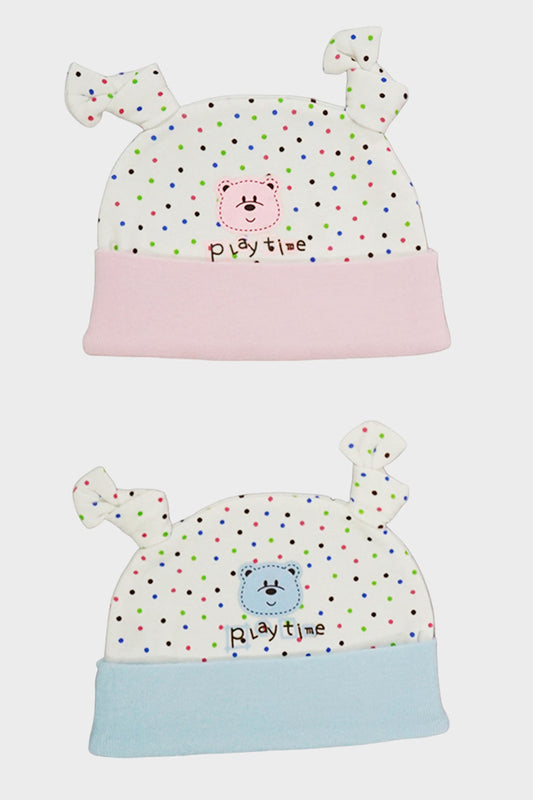 Newborn Baby Cap with Two Knots - Polka Dots Print