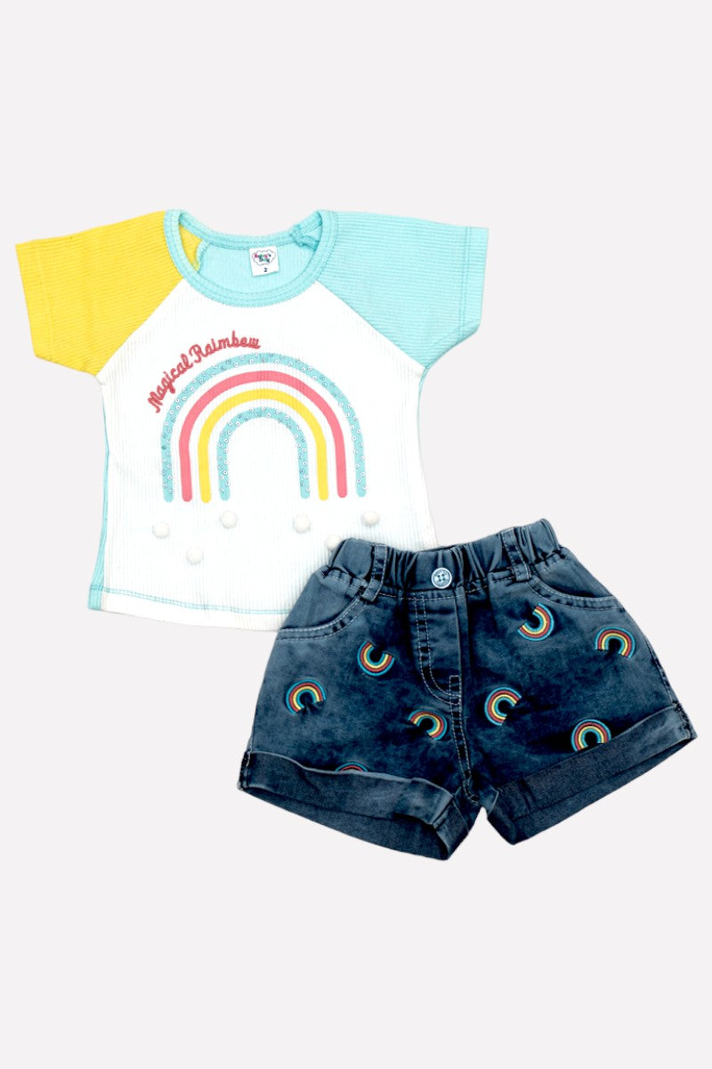 Cotton Top & Denim Shorts (Rainbow Print - Blue)