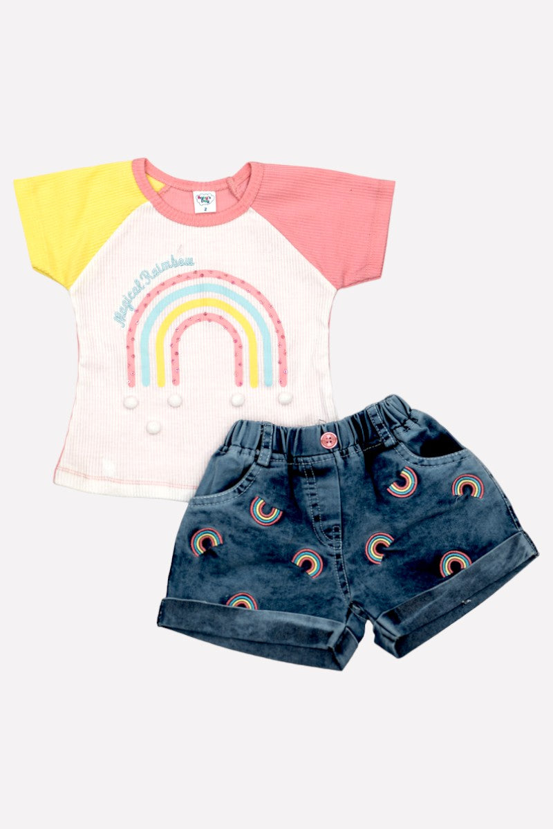 Cotton Top & Denim Shorts (Rainbow Print - Pink)