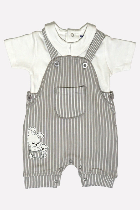 Polo T-shirt & Stripes Pattern Dungaree Set (Grey)