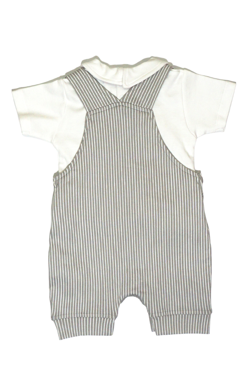 Polo T-shirt & Stripes Pattern Dungaree Set (Grey)