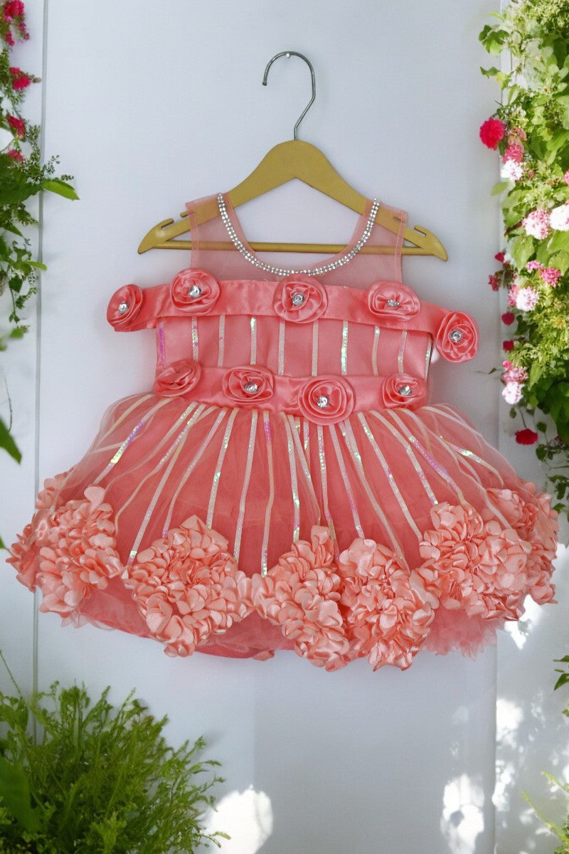 Party Dress with Flowered Hemline (Peach)