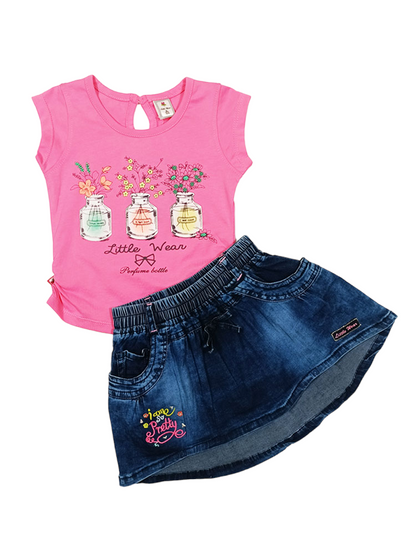 Perfume Bottles Cotton Top with Denim Skirt