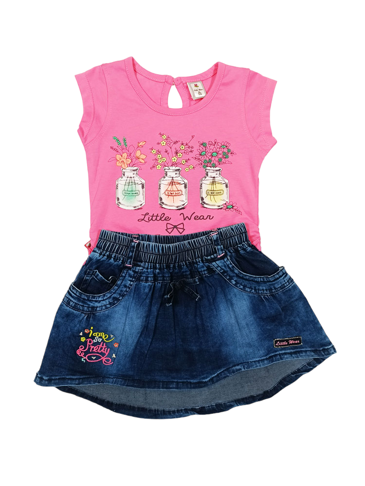 Perfume Bottles Cotton Top with Denim Skirt