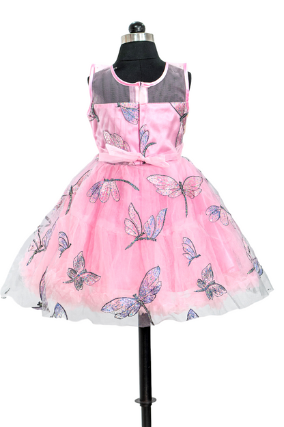 Pink Party Wear Frock with Dragonfly Embroidery