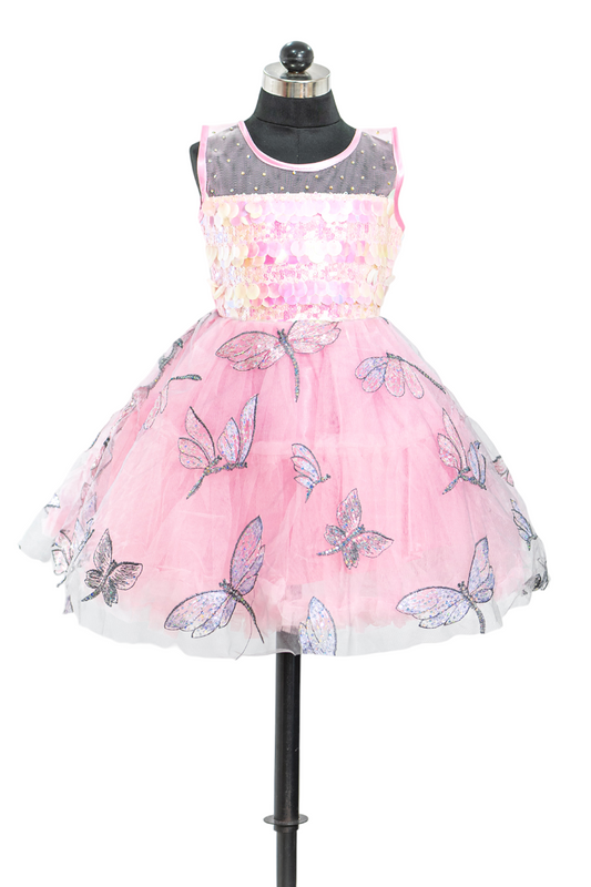 Pink Party Wear Frock with Dragonfly Embroidery