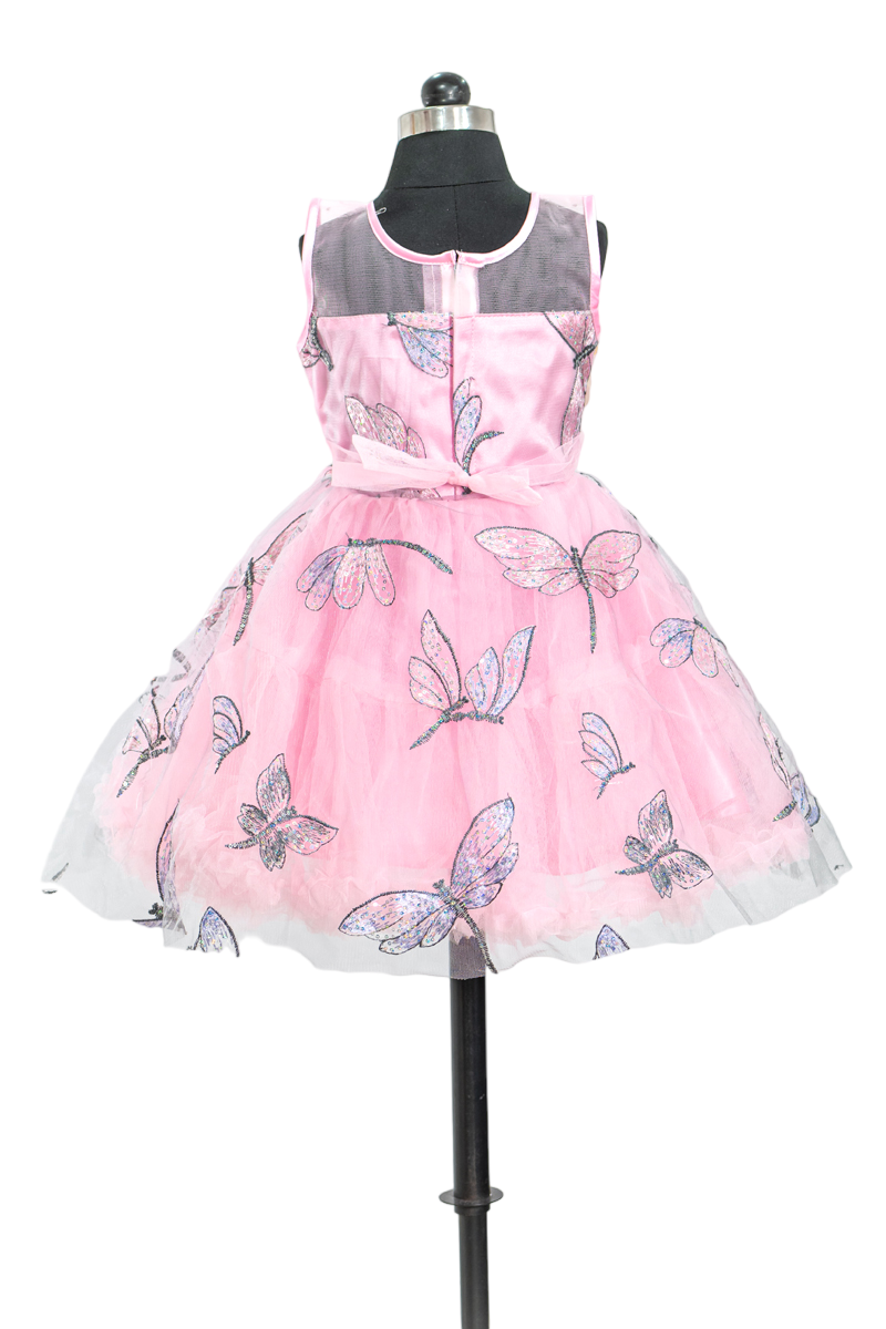 Pink Party Wear Frock with Dragonfly Embroidery