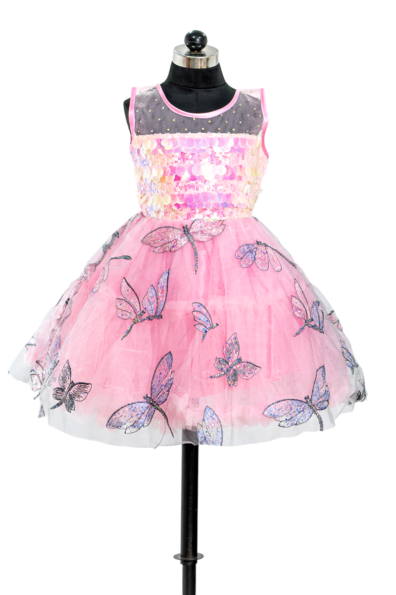 Pink Party Wear Frock with Dragonfly Embroidery