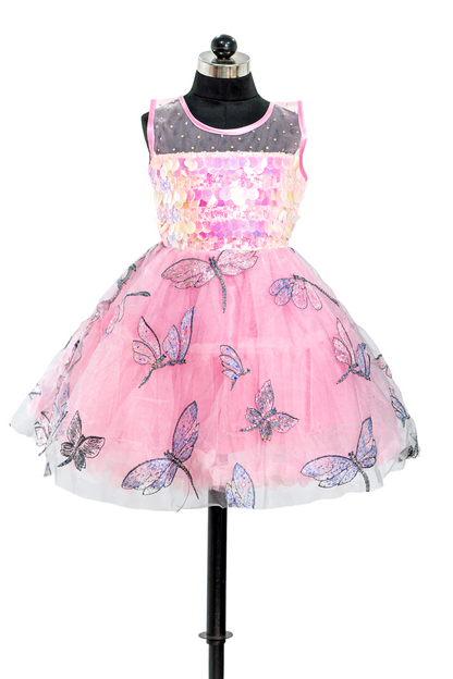 Pink Party Wear Frock with Dragonfly Embroidery