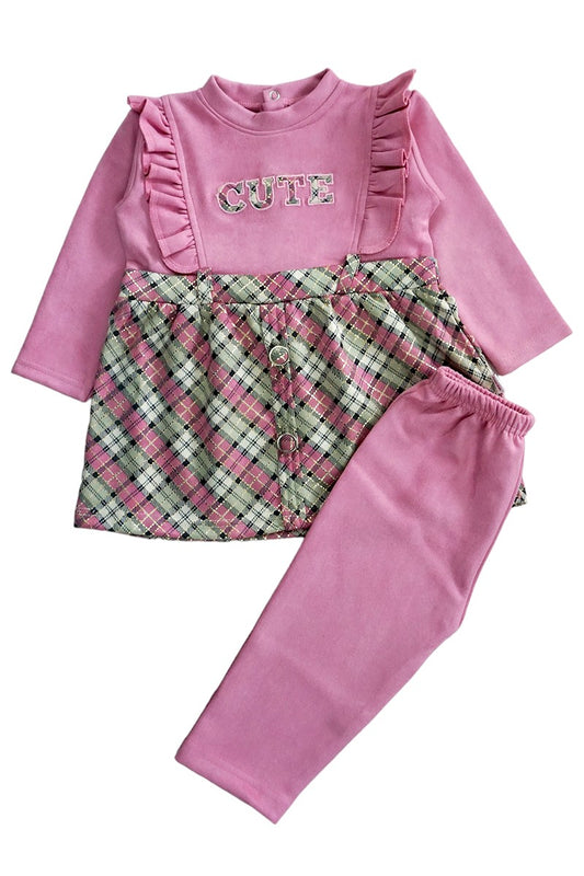 Pre Winter Full Sleeves Frock with Pajami Set (Pink)