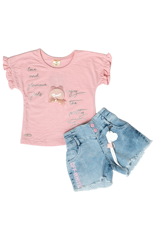 Cotton Top & Frayed Denim Shorts (Pink)