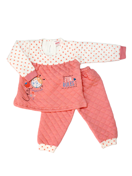 Peach Pink Color Polka Dots Polyfill Suit (6-12 M)