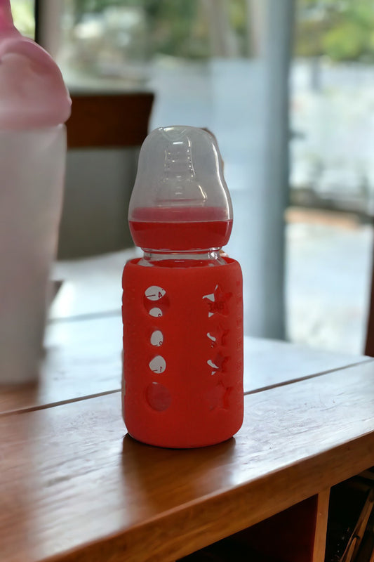 Feeding Glass Bottle with Silicon Cover (Red)