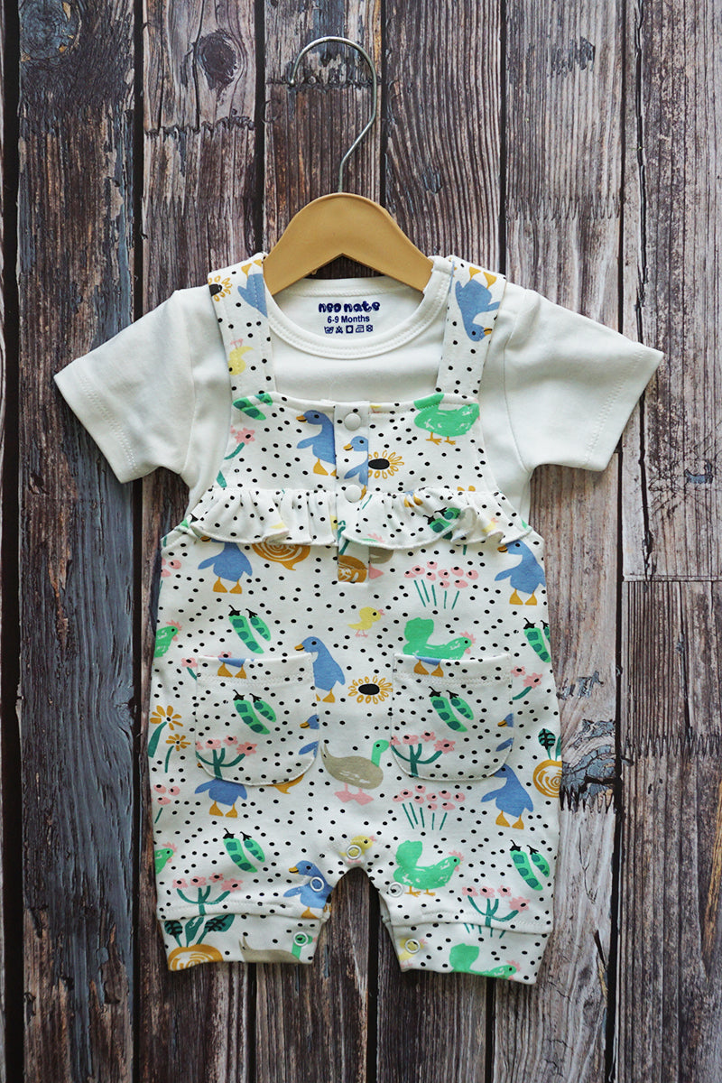 Girls Cotton Top & Printed Dungaree Set (Green)