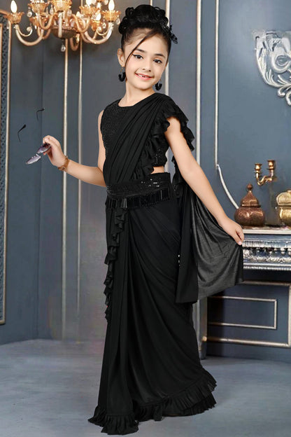 Blend Frill Work Saree (with Blouse & Belt) - Black