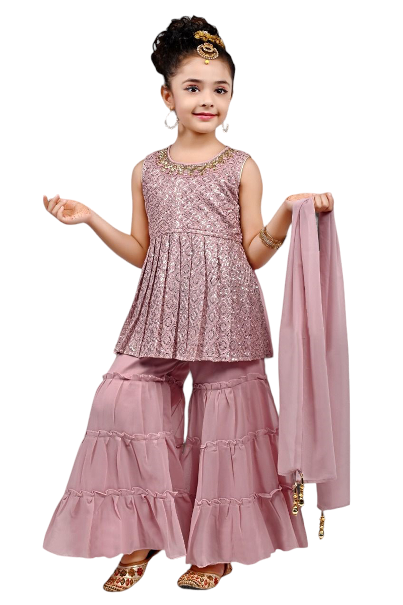 Sharara Suit with Frock Style Kurti (Rose Pink)