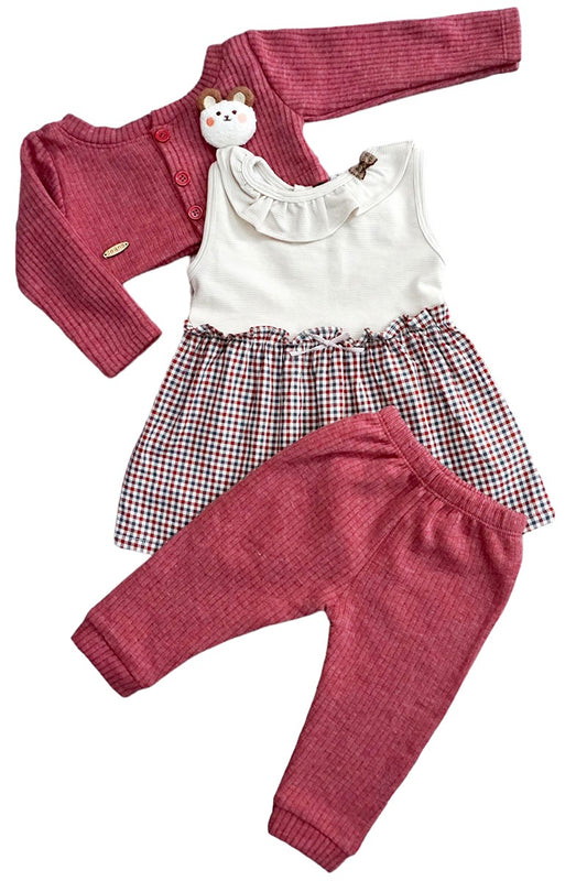 3-Piece Cotton Frock, Shrug & Pajami (Maroon)