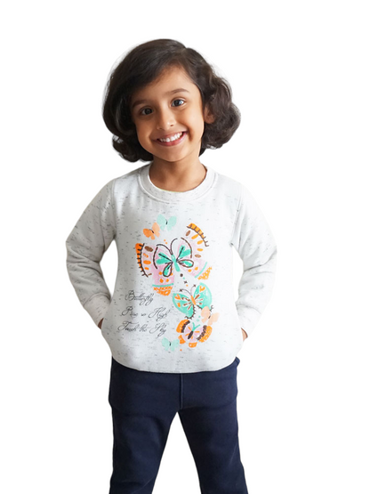 White Melange Sweatshirt -Butterflies (2-5 Years)