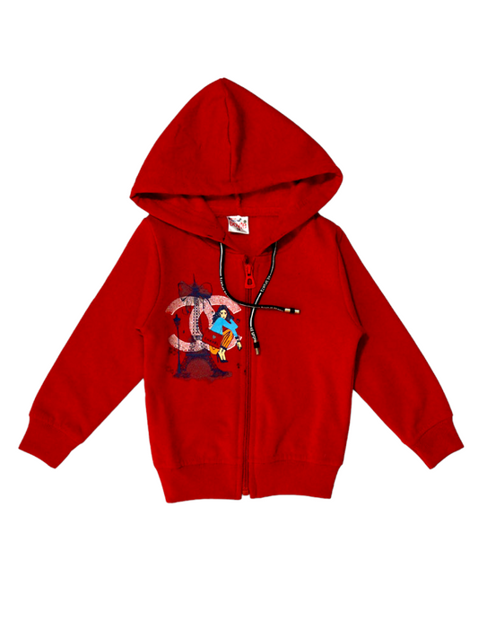 Red Winter Wear Fleece Hoody Zipper Top (1-2 Years)