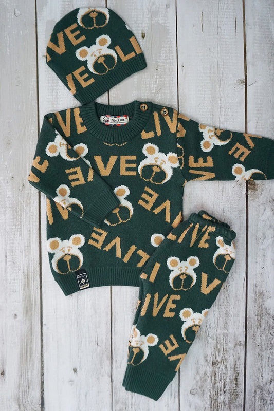 Sweater Knitted Co-ord Set with Cap - Green