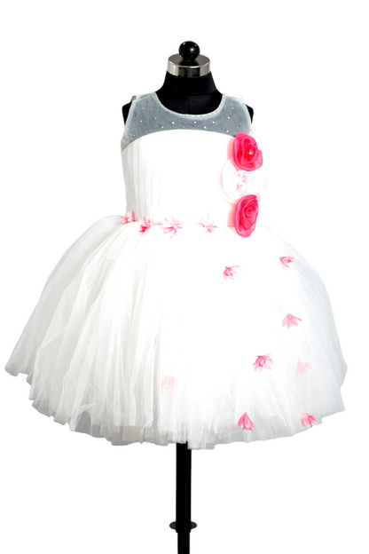 White Party Wear Frock with Floral Applique