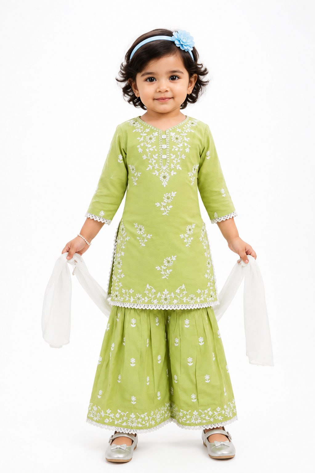 Half Sleeves Threadwork Kurti and Sharara (Green)