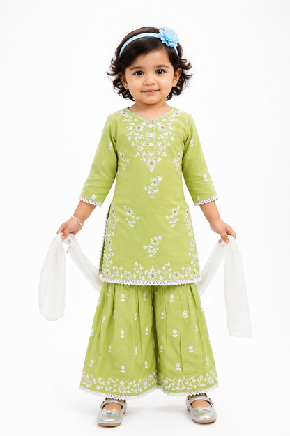 Half Sleeves Threadwork Kurti and Sharara (Green)