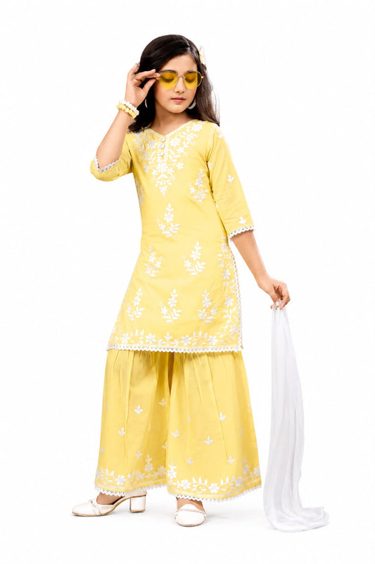 Half Sleeves Threadwork Kurti and Sharara (yellow )