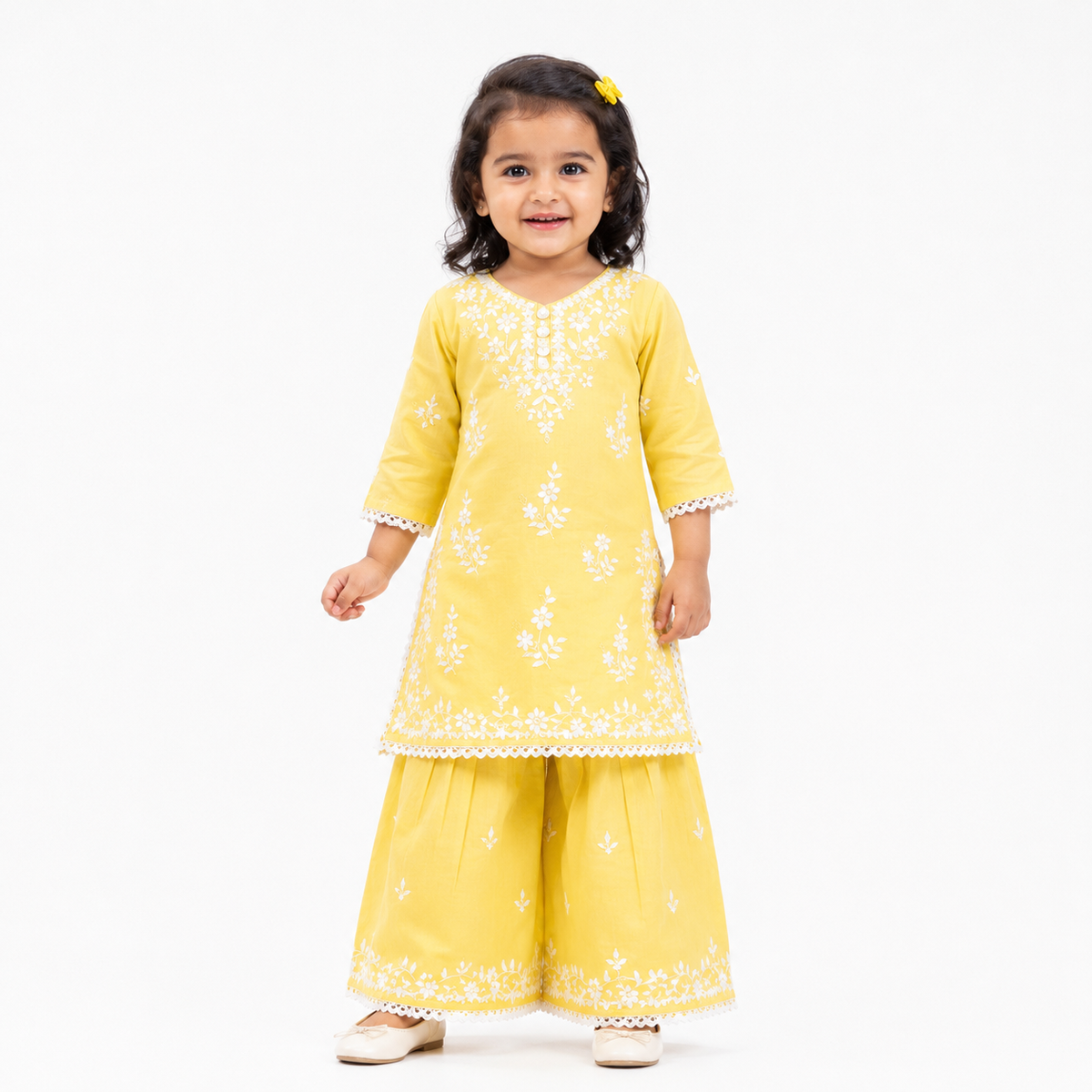 Half Sleeves Threadwork Kurti and Sharara (yellow )