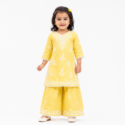 Half Sleeves Threadwork Kurti and Sharara (yellow )