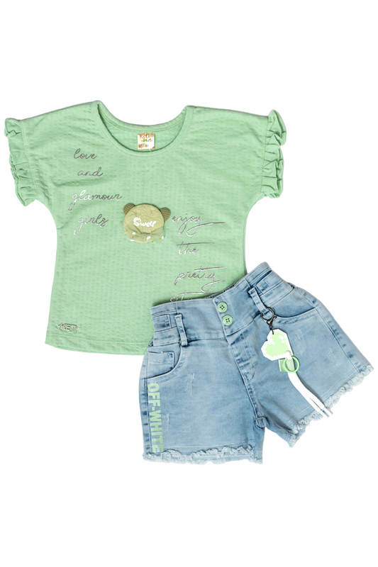 Cotton Top & Frayed Shorts (Green)