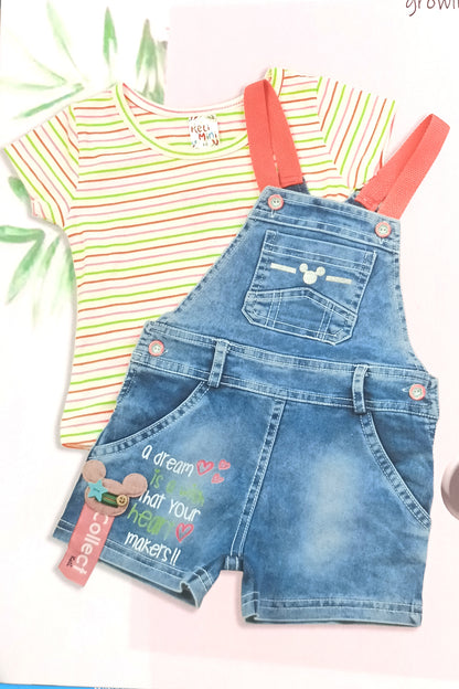 Cotton Top & Denim Dungaree (Pink)