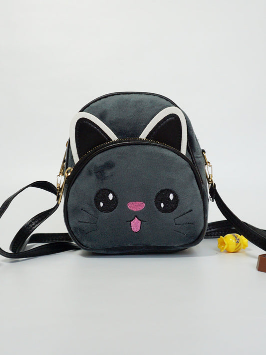 Cute Cat Velvet Backpack cum Sling Bag - Dark Grey