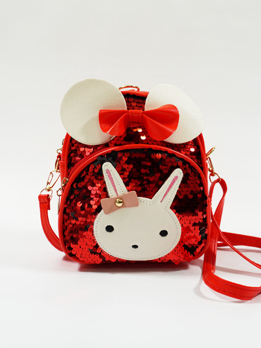 Cute Cat Sequin Backpack cum Sling Bag - Red