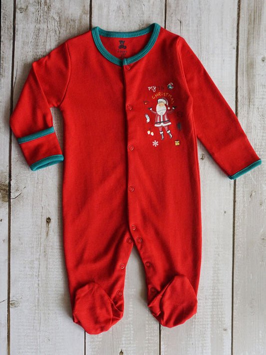 Full Sleeves Cotton Footed Romper - Solid Red